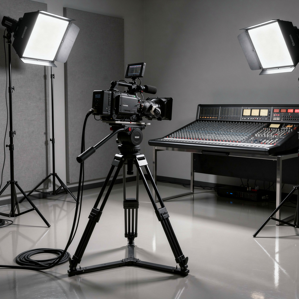 Video production studio with camera and lighting equipment