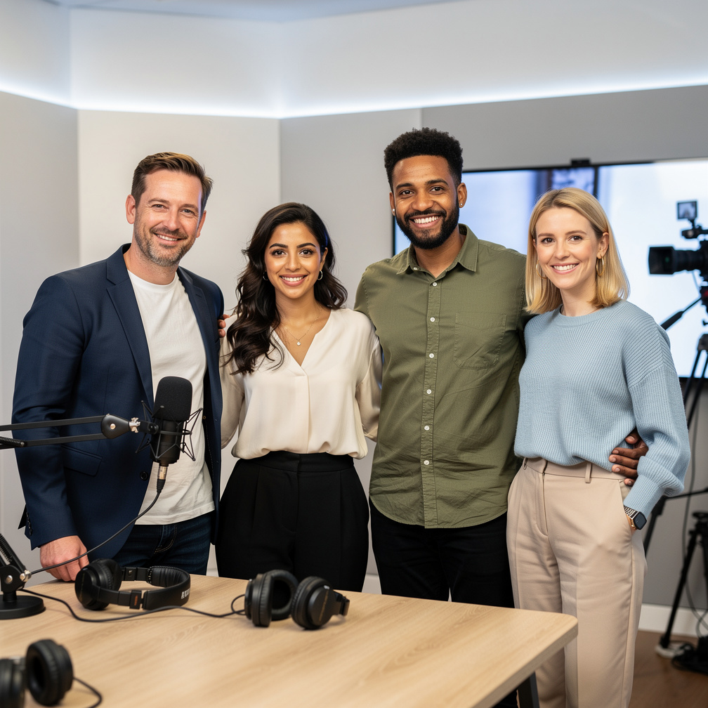 Diverse team of media production trainers standing together in a studio